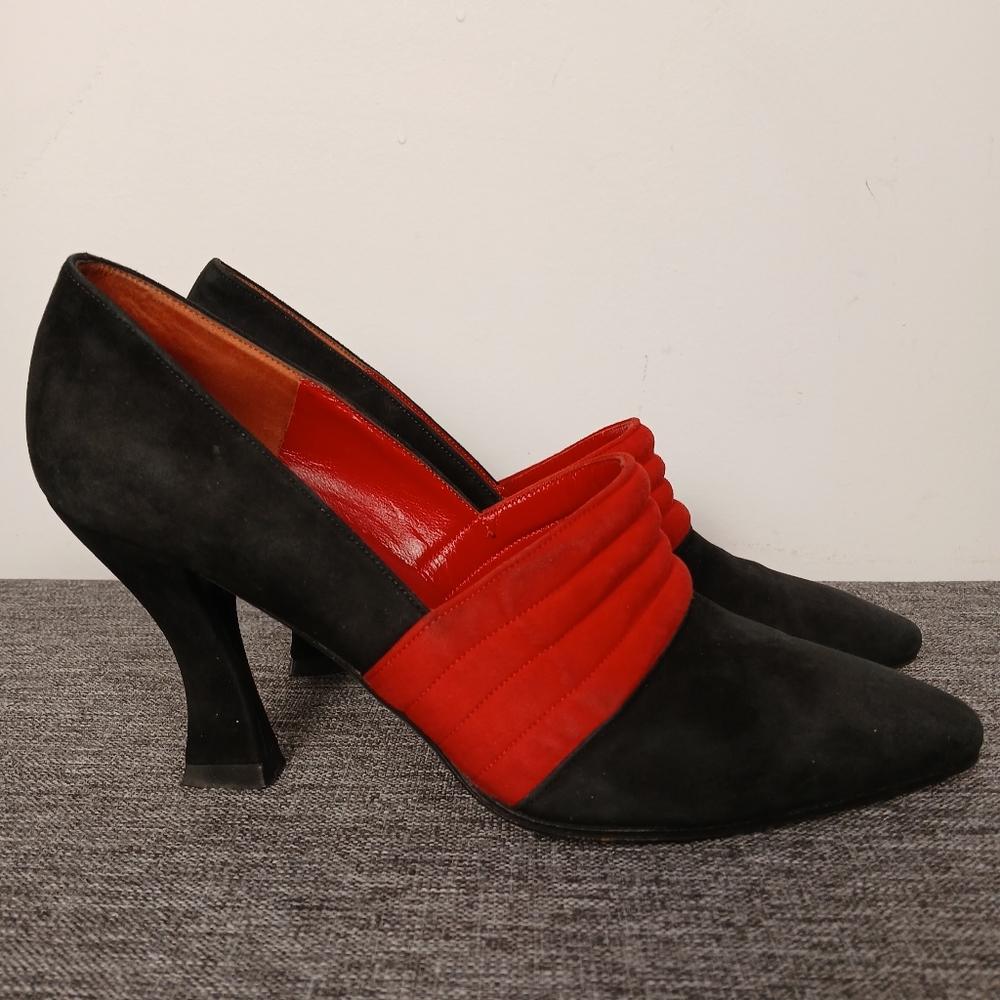 Charles Jourdan Paris Vintage Black Red Leather Heels Pumps US 5.5